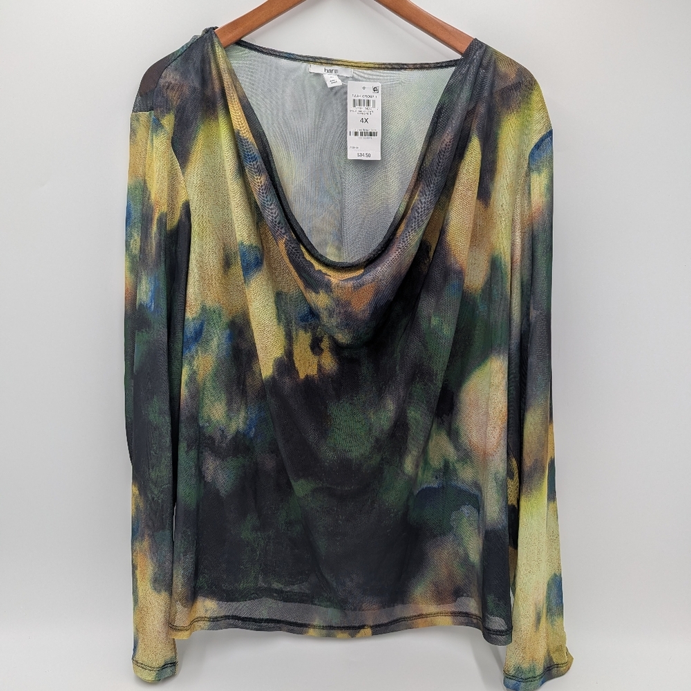Bar III Women's Sheer Top 4X Camo Whimsygoth Grunge Stretch Knit Cowl Neck Mesh